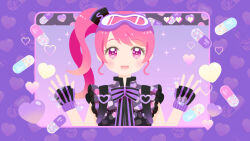 Rule 34 | 1girl, :d, black gloves, cropped torso, fingerless gloves, gloves, goggles, goggles on head, hands up, hat, heart, highres, long hair, looking at viewer, mini hat, neck ribbon, official art, open mouth, pill, purple background, purple eyes, purple ribbon, ribbon, shiori mukada, side ponytail, sidelocks, smile, solo, sophia-chan, straight-on, syn sophia, upper body