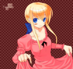 Rule 34 | 00s, 1girl, alternate costume, artoria pendragon (all), artoria pendragon (fate), blonde hair, blue bow, blue eyes, blush stickers, bow, checkered background, closed mouth, clothes grab, dress, english text, fate/stay night, fate (series), hair bow, light smile, long sleeves, looking at viewer, low ponytail, mutsutake, pink dress, ponytail, puffy long sleeves, puffy sleeves, saber (fate), sidelocks, simple background, solo
