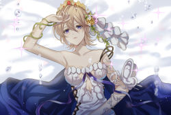 Rule 34 | 1girl, arm up, armpits, bare shoulders, bed sheet, blonde hair, blue cape, blue ribbon, blurry, breasts, cape, cleavage, collarbone, crown, depth of field, diadem, dress, europa (granblue fantasy), female focus, flower, from above, granblue fantasy, hair between eyes, hair flower, hair ornament, highres, kurozatou owata, lips, looking at viewer, lying, medium breasts, neck, on back, parted lips, pink flower, pink rose, purple eyes, ribbon, rose, short hair, solo, sparkle, strapless, strapless dress, upper body, white dress, yellow flower, yellow rose