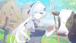 Rule 34 | 1girl, aged up, artist request, azur lane, blue eyes, blue hair, blurry, bow, breasts, clenched teeth, cloud, colored eyelashes, colored skin, cow, day, depth of field, dirty, dirty clothes, eyes visible through hair, farm, farmer, flower, game cg, grass, grey overalls, grey shirt, grin, hair bow, hair flower, hair ornament, hand on own hip, high ponytail, highres, holding, holding pitchfork, jewelry, long hair, medium breasts, multicolored hair, necklace, non-web source, official art, outdoors, overalls, pale skin, pitchfork, shirt, short sleeves, smile, streaked hair, tb (azur lane), tb (type-l) (azur lane), teeth, tree, two-tone hair, very long hair, white hair, white skin