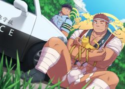 Rule 34 | 2boys, absurdres, animal, bandaged leg, bandages, bara, brown hair, car, cat, character request, commission, crossed legs, foot out of frame, fundoshi, grass, hachimaki, haishiba ame, halo, halo behind head, happi, hat, headband, highres, holding, holding animal, japanese clothes, looking at another, male focus, motor vehicle, multiple boys, muscular, muscular male, official alternate costume, one eye closed, pectoral cleavage, pectorals, police, police car, police hat, police uniform, policeman, rope, short hair, sideburns, sitting, skeb commission, sky, smile, spread legs, thick thighs, thighs, tokyo houkago summoners, uniform