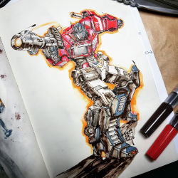 Rule 34 | 2018, absurdres, art tools in frame, autobot, blue eyes, clenched hand, commentary, english commentary, gun, highres, holding, holding gun, holding weapon, looking to the side, mar-c!, marker, marker (medium), mecha, optimus prime, photo (medium), robot, science fiction, shadow, solo, traditional media, transformers, weapon