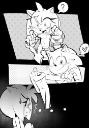 Rule 34 | ..., 1boy, 1girl, 3koma, ?, amy rose, blush, chinchila010, clothes, clothes hanger, comic, commentary, couple, english commentary, furry, furry female, furry male, greyscale, heart, hetero, highres, holding, holding clothes hanger, monochrome, open mouth, revealing clothes, sketch, sonic (series), sonic the hedgehog, spoken heart, spoken question mark, sweat