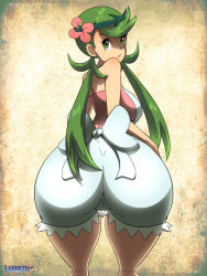 Rule 34 | 10s, 1girl, alternate color, ass, bow, breasts, creatures (company), dark-skinned female, dark skin, female focus, flower, from behind, game freak, green eyes, green hair, hair flower, hair ornament, large breasts, layerth, long hair, looking at viewer, looking back, low twintails, mallow (pokemon), matching hair/eyes, nintendo, overalls, parted lips, pokemon, pokemon sm, shaded face, shiny clothes, sideboob, smile, solo, trial captain, twintails, very long hair