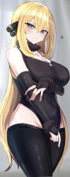 Rule 34 | 1girl, absurdres, alternate costume, anger vein, arm under breasts, bad id, bad twitter id, black pants, blonde hair, blue eyes, blush, breasts, bridal gauntlets, cleavage, closed mouth, creatures (company), cynthia (pokemon), fur collar, fur cuffs, game freak, hair ornament, hanasaka houcha, highres, large breasts, long hair, looking at viewer, nintendo, pants, pokemon, pokemon dppt, shirt tug, shy, solo, spoken anger vein, tight clothes, tight pants, very long hair