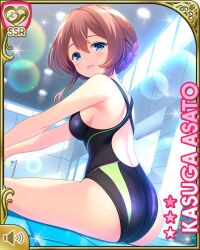Rule 34 | 1girl, :d, asato kasuga, ass, black one-piece swimsuit, blue eyes, brown hair, card, character name, collarbone, competition swimsuit, day, dress, girlfriend (kari), indoor pool, indoors, official art, one-piece swimsuit, open mouth, qp:flapper, red dress, shirt, short hair, sitting, smile, solo, swim goggles, swimsuit, tagme