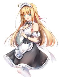 Rule 34 | 1girl, ahoge, apron, blonde hair, braid, breasts, center frills, colored eyelashes, commentary request, corset, detached collar, dress, female focus, fingernails, frills, from side, green eyes, highres, holding, holding tray, long hair, looking at viewer, maid, maid headdress, medium breasts, nina muratore, official art, open mouth, sakuranbo, side braid, simple background, sleeveless, smile, solo, standing, taimanin (series), taimanin asagi kessen arena, tray, waist apron, white background, white legwear