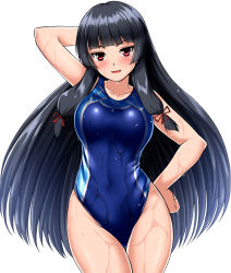 Rule 34 | 1girl, alternate costume, arm behind head, black hair, blue one-piece swimsuit, blush, breasts, collarbone, competition swimsuit, hair between eyes, hair ribbon, hand on own hip, highres, isokaze (kancolle), kantai collection, large breasts, long hair, looking at viewer, model pose, one-piece swimsuit, open mouth, red eyes, red ribbon, ribbon, simple background, smile, solo, standing, swimsuit, tress ribbon, water drop, wet, wet clothes, wet swimsuit, white background, zanntetu