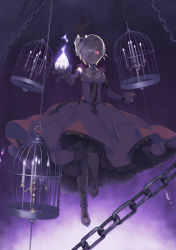 Rule 34 | 1girl, birdcage, blonde hair, breasts, cage, candle, candlestand, chain, covered navel, cow skull, dress, fire, frilled dress, frills, glowing, glowing eyes, hair ornament, hair over one eye, heibonkaeru, highres, idolmaster, idolmaster cinderella girls, long sleeves, open mouth, red dress, red eyes, shirasaka koume, short hair, skull, small breasts, solo