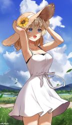Rule 34 | 1girl, armpits, artist name, bare shoulders, blonde hair, blue eyes, blue sky, breasts, cleavage, cloud, collarbone, cowboy shot, dress, falling leaves, field, flower, from side, hair ornament, hat, hat flower, highres, hololive, hololive english, leaf, medium breasts, medium hair, open mouth, orobou, outdoors, rice paddy, scenery, sky, sleeveless, sleeveless dress, smile, solo, standing, straw hat, sun hat, sundress, sunflower, sweat, virtual youtuber, watson amelia, white dress, wind, wind lift