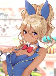 Rule 34 | 1girl, animal ears, bare shoulders, blonde hair, blue vest, blurry, blurry background, bow, bowtie, breasts, character request, cleavage, closed mouth, copyright request, dark-skinned female, dark skin, depth of field, detached collar, fake animal ears, gold trim, hair ornament, hand on own chest, high ponytail, highres, leotard, long hair, looking at viewer, medium breasts, purple eyes, rabbit ears, red bow, red bowtie, smile, solo, upper body, vest, wrist cuffs, yukichi (sukiyaki39)