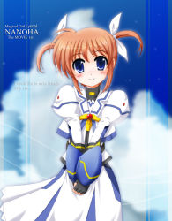 Rule 34 | 10s, 1girl, bad id, bad pixiv id, blue eyes, blush, bow, brown hair, copyright name, dress, english text, fingerless gloves, flipper, gauntlets, gloves, hair bow, lyrical nanoha, magical girl, mahou shoujo lyrical nanoha, mahou shoujo lyrical nanoha the movie 1st, md5 mismatch, purple eyes, resolution mismatch, short twintails, smile, solo, source larger, takamachi nanoha, takamachi nanoha (movie 1st mode), twintails
