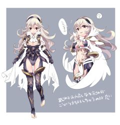Rule 34 | 1girl, alternate color, alternate costume, armor, barefoot, bikini armor, black armor, blonde hair, breasts, cape, cape lift, cleavage, clothing cutout, commentary request, corrin (female) (fire emblem), corrin (fire emblem), fire emblem, fire emblem fates, flying sweatdrops, komoreg, large breasts, long hair, looking at viewer, navel, navel cutout, nintendo, no panties, pointy ears, red eyes, smile, thighs, toeless legwear, toes, torn cape, torn clothes, translation request, underboob