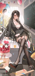 Rule 34 | 1girl, arm support, balloon, birthday cake, black hair, black skirt, black thighhighs, blazer, breasts, cake, chalkboard, classroom, cleavage, crossed legs, curtains, food, garter straps, glasses, happy birthday, heart balloon, high heels, highres, jacket, jewelry, large breasts, light smile, long hair, open mouth, original, pencil skirt, pendant, red eyes, riding crop, sitting, skirt, solo, sunlight, thighhighs, very long hair, window, yuxing yuhang