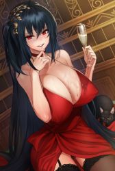 Rule 34 | 1girl, ahoge, alcohol, azur lane, bad id, bad pixiv id, bare shoulders, black cat, black hair, black panties, black thighhighs, blush, breasts, cat, champagne, champagne flute, cleavage, covered erect nipples, cup, dress, drinking glass, evening gown, garter straps, hair between eyes, huge breasts, jagaimo (kkamja), lace, lace-trimmed legwear, lace trim, long hair, looking at viewer, official alternate costume, one side up, open mouth, panties, red dress, red eyes, sash, smile, solo, spill, taihou (azur lane), taihou (forbidden feast) (azur lane), thighhighs, underwear, very long hair