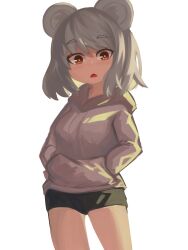 Rule 34 | 1girl, absurdres, alternate costume, animal ears, bike shorts, black shorts, blush, breasts, brown eyes, clip studio paint (medium), commentary request, contrapposto, cowboy shot, grey hair, grey hoodie, hands in pocket, highres, hood, hood down, hoodie, lenserd, looking at viewer, medium breasts, mouse ears, mouse girl, nazrin, open mouth, shorts, simple background, solo, touhou, white background