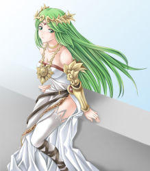 Rule 34 | 1girl, bare shoulders, breasts, choker, circlet, cleavage, crown, green eyes, green hair, highres, jewelry, kid icarus, kid icarus uprising, large breasts, legs, long hair, lots of jewelry, matching hair/eyes, neck ring, necklace, nintendo, no panties, palutena, single thighhigh, sitting, solo, tamamon, thighhighs, thighs, vambraces, very long hair, white thighhighs