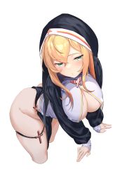 Rule 34 | 1girl, black legwear, blonde hair, blouse, breasts, bug, butterfly, cleavage, cross, daikabocha, green eyes, highres, insect, large breasts, no bra, nun, open clothes, open shirt, original