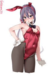 Rule 34 | 1girl, akebono (kancolle), alternate costume, animal ears, bare shoulders, bell, black choker, blush, bow, bowtie, breasts, choker, commentary, cowboy shot, detached collar, ebifurya, fake animal ears, flower, gloves, hair bell, hair flower, hair ornament, hand on own hip, highleg, highleg leotard, highres, jingle bell, kantai collection, leotard, long hair, looking at viewer, open mouth, pantyhose, playboy bunny, purple hair, rabbit ears, rabbit tail, side ponytail, small breasts, solo, strapless, strapless leotard, tail, twitter username, very long hair, white background, wrist cuffs