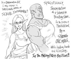 Rule 34 | 1boy, 1girl, arm hug, bb (baalbuddy), breasts, cleavage, commentary, elf, emphasis lines, english commentary, english text, glasses, greyscale, highres, large breasts, long hair, long sleeves, looking at viewer, monochrome, nose piercing, nose ring, open mouth, orc, original, pants, piercing, pointy ears, shirt, simple background, tusks, white background