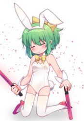 Rule 34 | 1girl, alternate costume, animal ears, blush, bow, bowtie, closed eyes, commentary request, cookie (touhou), daiyousei, detached collar, diyusi (cookie), dual wielding, fake animal ears, fake tail, full body, green hair, hair between eyes, hair bow, hairband, high heels, holding, kneeling, leotard, looking at viewer, medium hair, open mouth, playboy bunny, ponytail, rabbit ears, rabbit tail, red footwear, solo, strapless, strapless leotard, tail, thighhighs, touhou, traffic baton, white background, white hairband, white leotard, white thighhighs, wing collar, wrist cuffs, xox xxxxxx, yellow bow