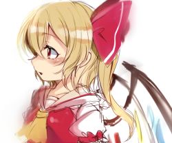 Rule 34 | 1girl, :o, ascot, blonde hair, blush, collared shirt, crystal, flandre scarlet, frilled sleeves, frills, from side, hair between eyes, hair ribbon, medium hair, no headwear, one side up, open mouth, paragasu (parags112), profile, puffy short sleeves, puffy sleeves, red eyes, red ribbon, red vest, ribbon, shirt, short sleeves, side ponytail, simple background, solo, touhou, upper body, vest, white background, white shirt, wings, yellow ascot