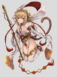 Rule 34 | 10s, 1girl, :o, ahoge, andira (granblue fantasy), animal ears, bare shoulders, barefoot, blonde hair, blush, breasts, brown eyes, chestnut mouth, detached sleeves, erune, feet, full body, fur trim, granblue fantasy, hairband, highres, looking at viewer, madogawa, monkey ears, monkey girl, monkey tail, red eyes, short hair, sideboob, simple background, small breasts, solo, staff, tail, thighhighs, toes