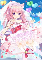 Rule 34 | 1girl, :d, animal ears, azur lane, balloon, bell, bird, blue sky, blush, bow, cat ears, cat girl, cat tail, cloud, clover, commentary request, day, flower, four-leaf clover, hair between eyes, hair flower, hair ornament, hair ribbon, heart, heart balloon, highres, japanese clothes, jewelry, jingle bell, kimono, kimono skirt, kisaragi (azur lane), long hair, mouth hold, mutsuki face (azur lane), no panties, off shoulder, one side up, open mouth, outdoors, petals, pink flower, pink hair, pink ribbon, pink rose, purinpurin, purple eyes, red bow, ribbon, ribbon-trimmed clothes, ribbon trim, ring, rose, see-through, sky, smile, solo, tail, tail bell, tail bow, tail ornament, thighhighs, veil, very long hair, wedding band, white kimono, white thighhighs, wrist cuffs