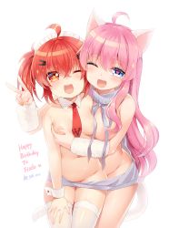 Rule 34 | 2girls, :3, ;3, ;d, ahoge, animal ears, arm warmers, aurora (mvv), bad id, bad pixiv id, blue eyes, blush, borrowed character, grabbing another&#039;s breast, breasts, cat ears, cat tail, detached collar, fang, grabbing, hair between eyes, hair ornament, hairclip, happy birthday, heart, heart-shaped pupils, highres, long hair, looking at viewer, maid headdress, medium breasts, meme attire, multiple girls, mvv, navel, necktie, no bra, no panties, one eye closed, open mouth, original, pink hair, red eyes, red hair, red necktie, shared clothes, short twintails, simple background, smile, standing, star-shaped pupils, star (symbol), sweater, symbol-shaped pupils, tail, thighhighs, twintails, v, virgin killer sweater, vivian (mvv), wardrobe error, wavy hair, white background, white legwear, white sweater, wrist cuffs, xiao me