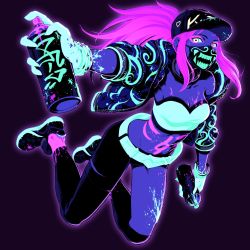 Rule 34 | 1girl, akali, asymmetrical legwear, baseball cap, belt, black pants, bodypaint, bracelet, breasts, cleavage, crop top, cropped jacket, full body, gloves, glowing, hat, highres, inverted colors, jewelry, k/da (league of legends), k/da akali, league of legends, mask, midriff, monochrome, mouth mask, navel, neon lights, official alternate costume, open clothes, outstretched arm, pants, pink hair, ponytail, purple background, shoes, simple background, sneakers, solo, spray can, ultraviolet light, ume (yume uta da), uneven legwear, yellow eyes