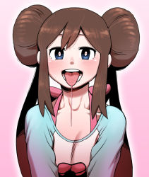 Rule 34 | 1girl, bad id, bad pixiv id, blue eyes, blush, bow, breasts, brown hair, collarbone, commentary request, creatures (company), double bun, game freak, hair bun, heart, heart-shaped pupils, heart in eye, long hair, looking at viewer, nintendo, nutkingcall, open mouth, pink bow, pokemon, pokemon bw2, raglan sleeves, rosa (pokemon), saliva, saliva trail, sexually suggestive, shirt, sidelocks, solo, symbol-shaped pupils, symbol in eye, teeth, tongue, tongue out, twintails, upper body