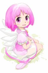 Rule 34 | 1girl, :d, blush, child, commentary request, dress, fairy, fairy wings, female focus, gdgd fairies, grass, looking at viewer, looking back, medium hair, multiple wings, ohyo, open mouth, own hands together, pikupiku, pink eyes, pink hair, puffy short sleeves, puffy sleeves, raised eyebrows, shoes, short hair, short sleeves, sitting, smile, solo, sweatdrop, tongue, wariza, wings