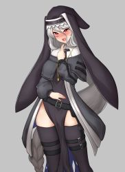 Rule 34 | 1girl, :d, absurdres, arknights, belt, black belt, black dress, capelet, commentary request, dress, feet out of frame, grey background, grey capelet, grey jacket, grey thighhighs, habit, hair between eyes, hand on own stomach, hand up, heart, heart-shaped pupils, highres, jacket, korean commentary, long hair, long sleeves, manggapaegtoli, naughty face, nun, open mouth, pelvic curtain, puffy sleeves, red eyes, sharp teeth, side slit, silver hair, simple background, smile, solo, specter (arknights), standing, symbol-shaped pupils, teeth, thigh strap, thighhighs, upper teeth only