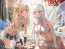 Rule 34 | 2girls, albion (azur lane), arm support, azur lane, bare shoulders, bikini, blonde hair, blue eyes, blue gemstone, blush, breasts, bridal gauntlets, centaur (azur lane), closed mouth, collarbone, detached sleeves, earrings, gem, hair between eyes, hair ornament, highres, jewelry, large breasts, leaning forward, leaning to the side, long hair, looking at viewer, miniskirt, multiple girls, nail polish, navel, official art, open mouth, pink nails, pointy ears, see-through, skirt, suzuame yatsumi, swept bangs, swimsuit, underboob, very long hair, wading, water, wet, white bikini, white skirt, wings