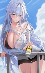 Rule 34 | 1girl, absurdres, alcohol, beer, beer can, bikini, bikini under clothes, blue eyes, breasts, can, cleavage, drink can, highres, large breasts, long hair, long sleeves, mole, mole under eye, original, smile, solo, swimsuit, themaree, white hair