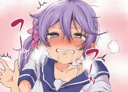Rule 34 | 1girl, ^^^, akebono (kancolle), bell, blush, clenched teeth, commentary request, drooling, flower, hair bell, hair between eyes, hair flower, hair ornament, heavy breathing, kantai collection, long hair, pink background, purple eyes, purple hair, sailor collar, sailor shirt, shino (ponjiyuusu), shirt, short sleeves, side ponytail, solo, surprised, sweat, tearing up, teeth, translation request