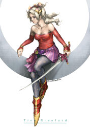 Rule 34 | 1girl, bare shoulders, blonde hair, boots, breasts, character name, collarbone, final fantasy, final fantasy vi, gauntlets, hair ornament, hair ribbon, highres, holding, holding sword, holding weapon, lips, medium breasts, non-web source, purple eyes, randomizedlife, ribbon, sitting, socks, solo, sword, tina branford, twitter username, weapon