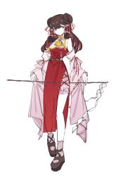 Rule 34 | 1girl, ascot, brown hair, china dress, chinese clothes, closed mouth, detached sleeves, dot mouth, double bun, dress, frilled hair tubes, frills, gohei, hair bun, hair ribbon, hair tubes, hakurei reimu, highres, holding, holding gohei, long hair, looking to the side, multicolored hair, platform footwear, red dress, red eyes, red hair, red ribbon, ribbon, ribbon-trimmed sleeves, ribbon trim, shoes, side slit, simple background, sleeveless, sleeveless dress, socks, solo, touhou, white background, yellow ascot, zenritsu