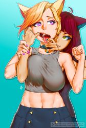 Rule 34 | 2girls, abs, ahoge, animal ears, aurahack, bare shoulders, blonde hair, breasts, choker, clenched hand, collarbone, eyelashes, fangs, finger in another&#039;s mouth, from behind, green eyes, heart, heart-shaped pupils, holding another&#039;s wrist, large breasts, mouth pull, multiple girls, nail polish, navel, open mouth, original, patreon username, purple eyes, purple hair, short hair, symbol-shaped pupils, tongue, tongue out