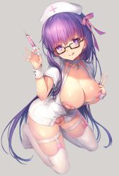 Rule 34 | 10s, arched back, areola slip, bandaid, bandaid on pussy, bandaids on nipples, bb (bb shot!) (fate), bb (fate), black-framed eyewear, breasts, cleavage, cuffs, fate/extra, fate/extra ccc, fate (series), full body, garter belt, glasses, hair ribbon, hat, head tilt, highres, kneeling, large breasts, legwear garter, long hair, nurse, nurse cap, pasties, purple eyes, ribbon, simple background, skindentation, syringe, thigh strap, thighhighs, very long hair, vivi (eve no hakoniwa), white hat, white thighhighs