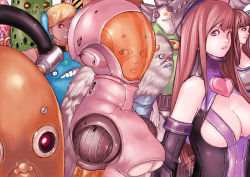 Rule 34 | 4girls, bad id, bad pixiv id, breasts, brown hair, cleavage, cleavage cutout, clothing cutout, heart, helmet, kusagami style, large breasts, lips, long hair, looking at viewer, monster, multiple girls, original, parted lips, revealing clothes, robot, signature, underboob, very long hair