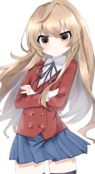 Rule 34 | 1girl, aisaka taiga, black ribbon, black thighhighs, blazer, blue skirt, brown eyes, brown hair, buttons, closed eyes, closed mouth, collared shirt, commentary, cowboy shot, crossed arms, double-breasted, highres, hiyoko (96823534), jacket, light blush, long hair, long sleeves, looking at viewer, neck ribbon, oohashi high school uniform, pleated skirt, red jacket, ribbon, school uniform, shirt, simple background, skirt, solo, standing, thighhighs, toradora!, white background, white shirt, zettai ryouiki