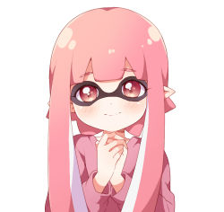Rule 34 | 1girl, blush, closed mouth, inkling, inkling girl, inkling player character, long hair, long sleeves, looking at viewer, namori, nintendo, nose bubble, own hands together, pink eyes, pink hair, pink shirt, pointy ears, shirt, simple background, smile, solo, splatoon (series), upper body, white background