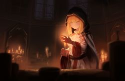Rule 34 | 1girl, absurdres, black cape, blonde hair, blunt bangs, breasts, candle, cape, green eyes, highres, holding, holding candle, hood, hood up, hooded cape, indoors, jl tan, long sleeves, medium breasts, original, robe, sidelocks, solo, templar, white robe