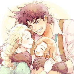 Rule 34 | 1boy, 2girls, aged down, blonde hair, blouse, braid, brown hair, child, collared shirt, earrings, family, father and daughter, gloves, inasaba, jewelry, jojo no kimyou na bouken, joseph joestar, joseph joestar (young), kuujou holly, lowres, mother and daughter, multiple girls, shirt, suspenders, suzi q, white shirt