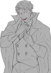 Rule 34 | 1boy, 96gomaice, absurdres, cloak, collared shirt, earrings, fangs, highres, jewelry, jujutsu kaisen, long sleeves, looking at viewer, male focus, monochrome, nanami kento, open mouth, red eyes, shirt, short hair, solo, teeth, upper body, vampire, vest