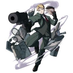Rule 34 | 1boy, absurdres, audio jack, bag, baguette, barrel, black gloves, blonde hair, blue eyes, bread, brown footwear, brown hair, bullet, c civciv, closed mouth, english text, food, gloves, grey headwear, gun, headphones, highres, holding, holding gun, holding mask, holding weapon, leg up, male focus, mask, unworn mask, necktie, painting (object), paper, paper bag, racket, red necktie, ripping, smile, solo, spy x family, steam, television, tennis racket, twilight (spy x family), weapon, white background