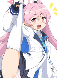 Rule 34 | 1girl, :d, blue archive, blue necktie, blush stickers, fang, flat chest, hair between eyes, highres, jacket, koyuki (blue archive), long hair, long sleeves, looking at viewer, momio, necktie, open mouth, panties, pink eyes, pink hair, skirt, smile, solo, split, spread legs, standing, standing on one leg, standing split, striped clothes, striped panties, thighhighs, twintails, underwear, white jacket, white thighhighs