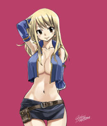 Rule 34 | 1girl, blonde hair, breasts, brown eyes, cleavage, earrings, fairy tail, jewelry, large breasts, long hair, looking at viewer, lucy heartfilia, mashima hiro, navel, no bra, official art, solo, standing, wide hips