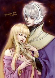 Rule 34 | 1boy, 1girl, albino, blonde hair, bracelet, cape, dress, closed eyes, gloves, headphones, height difference, jewelry, long hair, physis, red eyes, silver hair, soldier blue, toward the terra, wristband, yohi